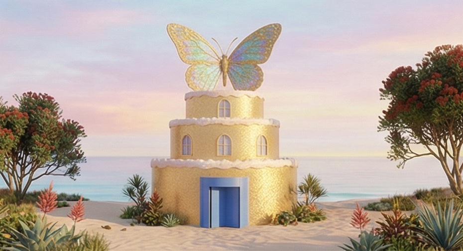 Emmy's golden butterfly cake palace sparkling in the sunshine