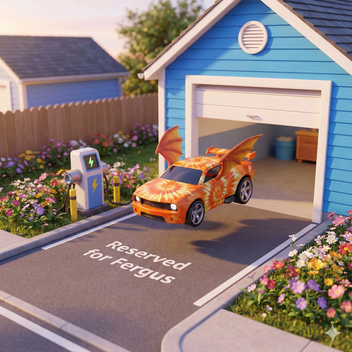 Rosie's blue garage bedroom with beautiful flower garden
