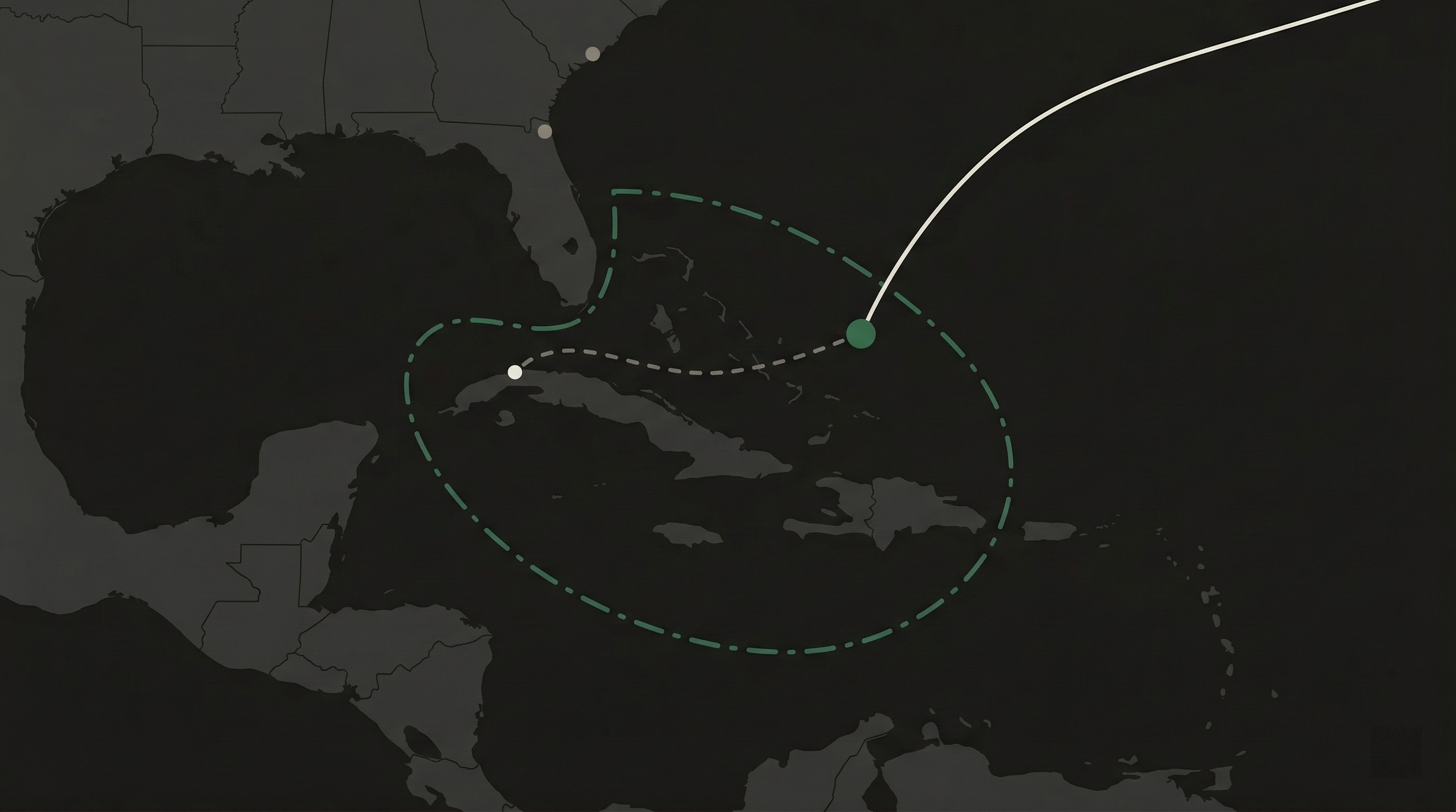 Map of the Caribbean showing the US naval quarantine arc around Cuba and the transit route of Soviet submarine B-59 from the North Atlantic. The submarine was intercepted northeast of Cuba before reaching its intended destination of Mariel.
