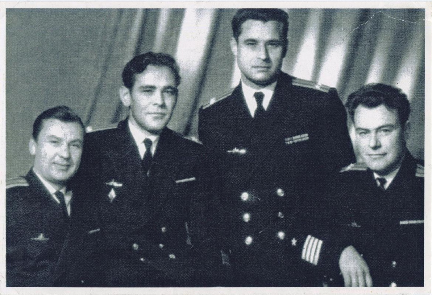 The four submarine commanders of Operation Kama in Soviet naval uniforms: from left, Aleksei Dubivko (B-36), Nikolai Shumkov (B-130), Vasili Arkhipov (flotilla chief of staff, B-59), and Ryurik Ketov (B-4)