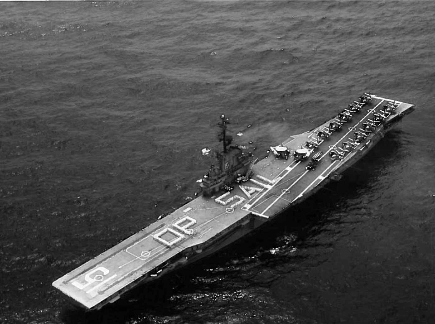 Aerial photograph of USS Randolph (CVS-15), the anti-submarine warfare carrier that led the task group hunting B-59