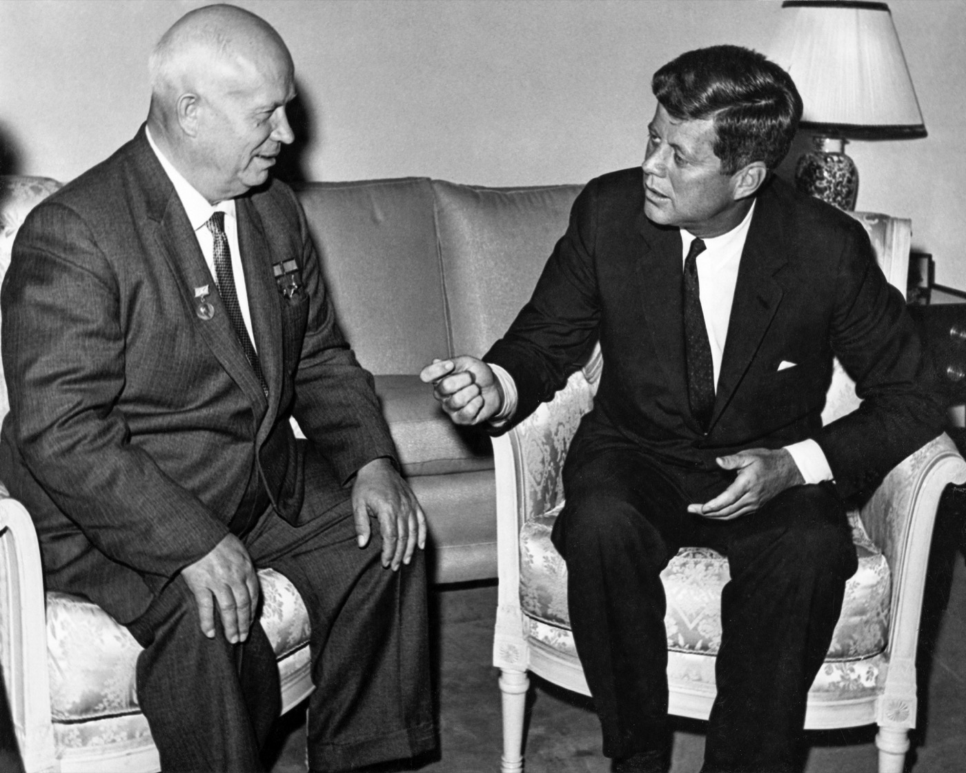 Soviet Premier Nikita Khrushchev and US President John F. Kennedy seated together at the Vienna Summit, June 1961