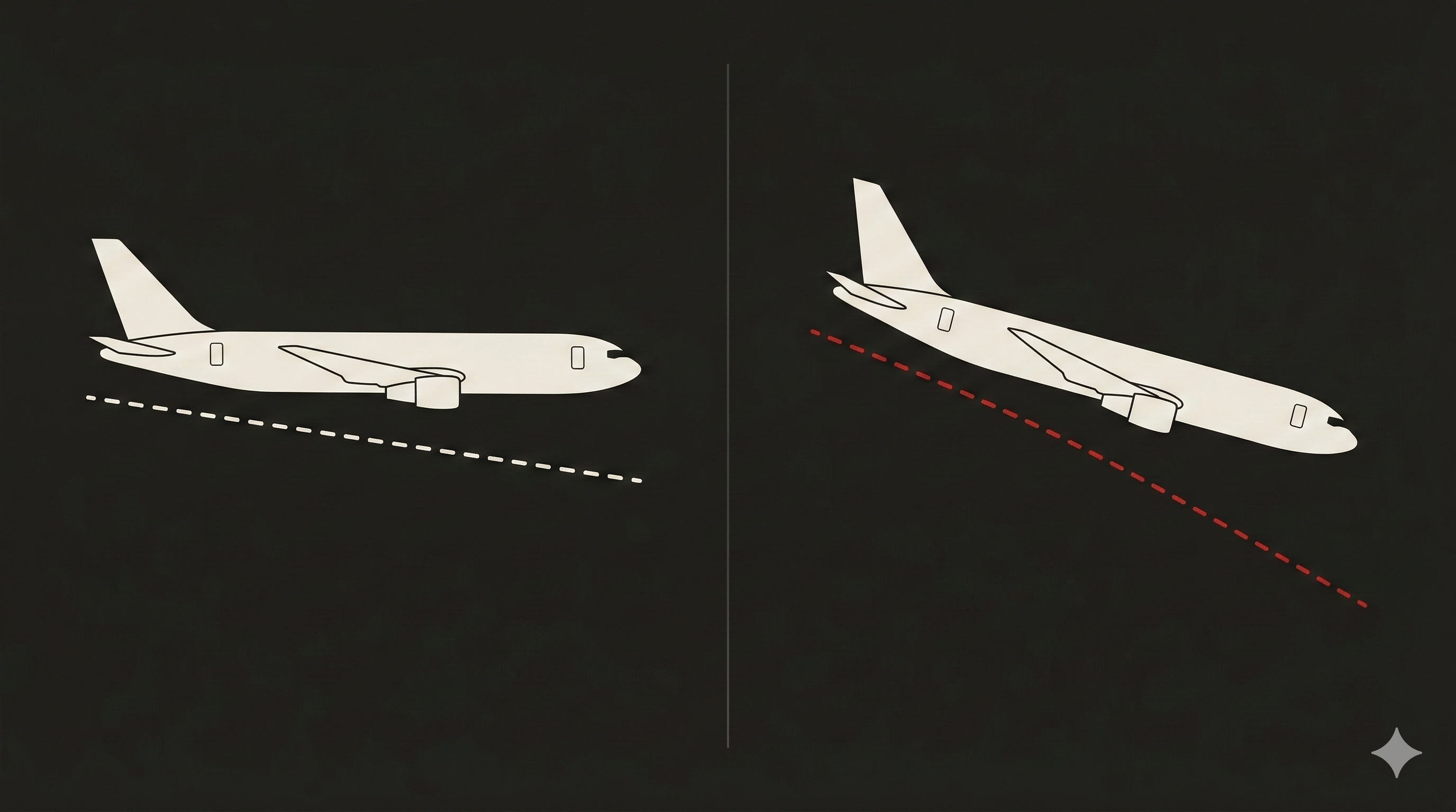 Side view comparison of normal descent versus forward slip. Left: shallow ~3° glidepath. Right: steep ~12° descent during forward slip, losing altitude without gaining speed.