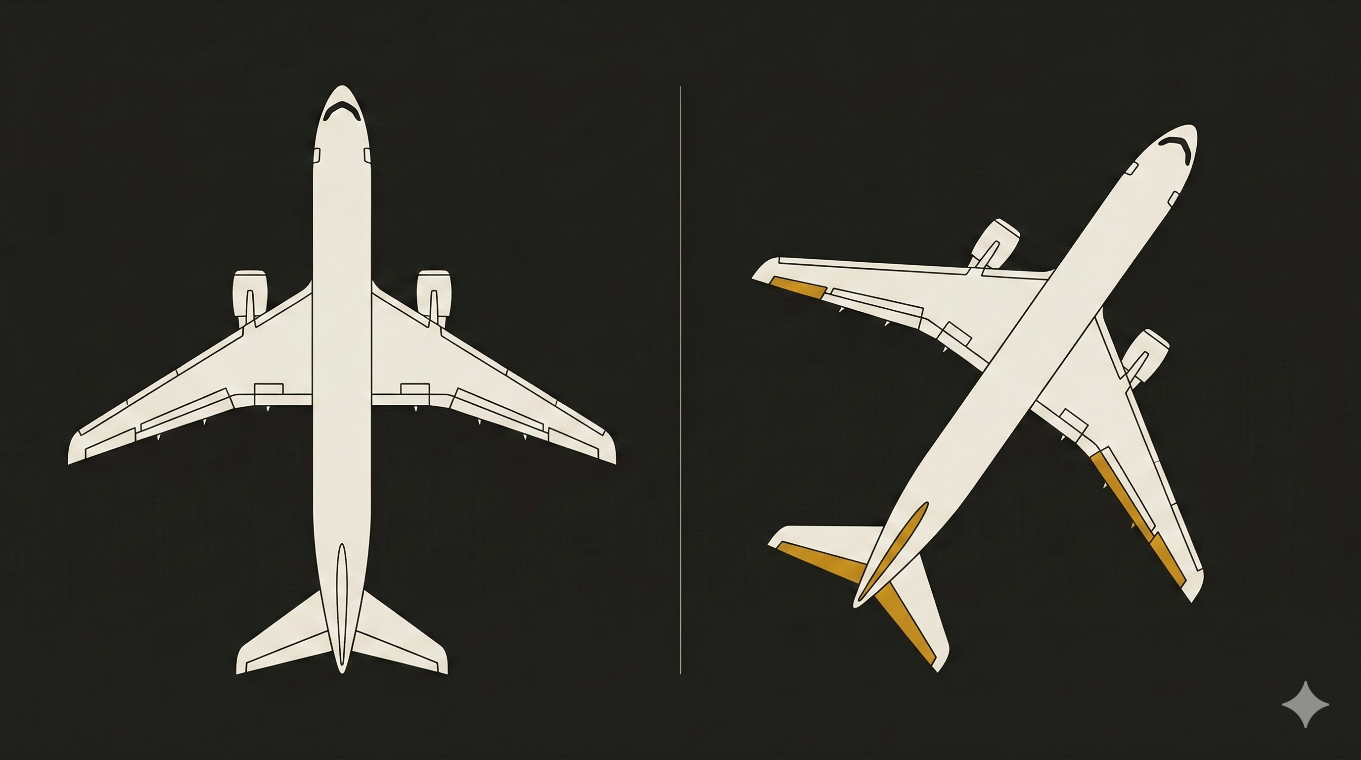 Top-down comparison of normal flight versus forward slip. Left: body aligned with flight path. Right: body angled ~20° but flight path unchanged.