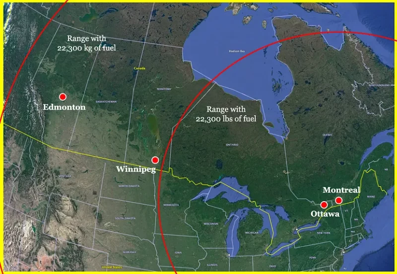 Map showing Flight 143's range compared to airports