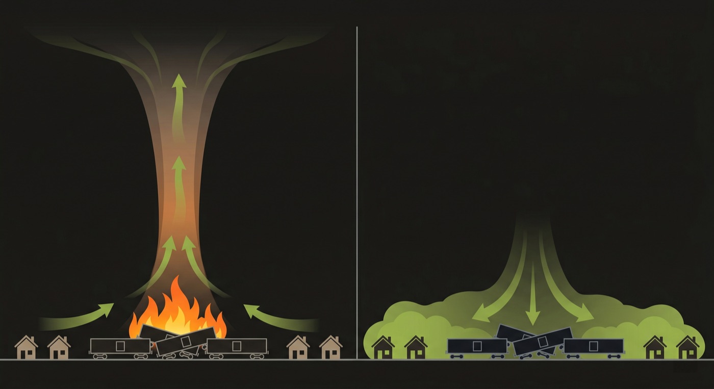 Cross-section diagram comparing two scenarios: on the left, propane fires create a thermal updraft that draws chlorine gas upward and away from houses; on the right, without fire, chlorine sinks to ground level and engulfs residential areas