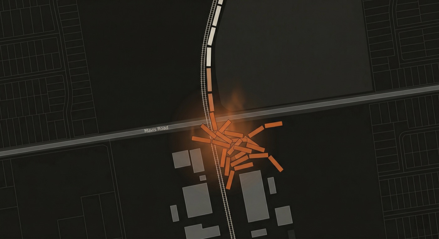 Schematic top-down map of the Mississauga derailment site at Mavis Road, showing scattered orange tank cars at the crossing, industrial buildings to the south, residential grid to the east and west, and undeveloped land to the northeast