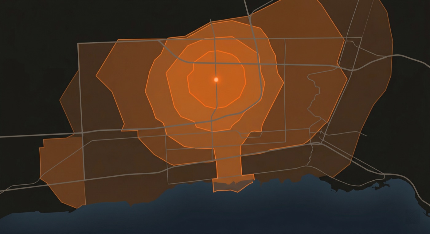 Map of Mississauga showing concentric expanding evacuation zones radiating from the derailment site, with Lake Ontario at the bottom edge