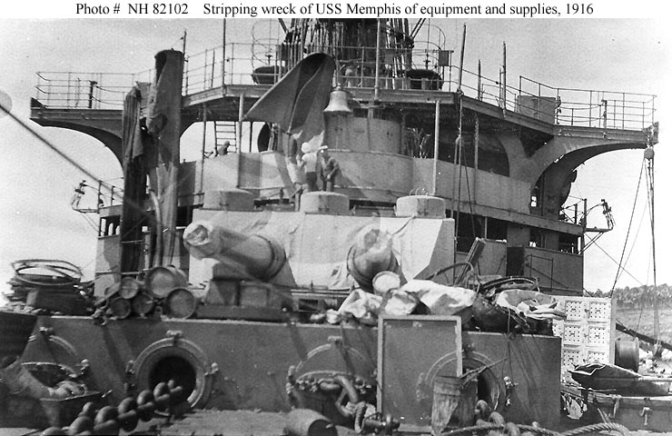 View on the foredeck of USS Memphis, looking aft, during salvage operations