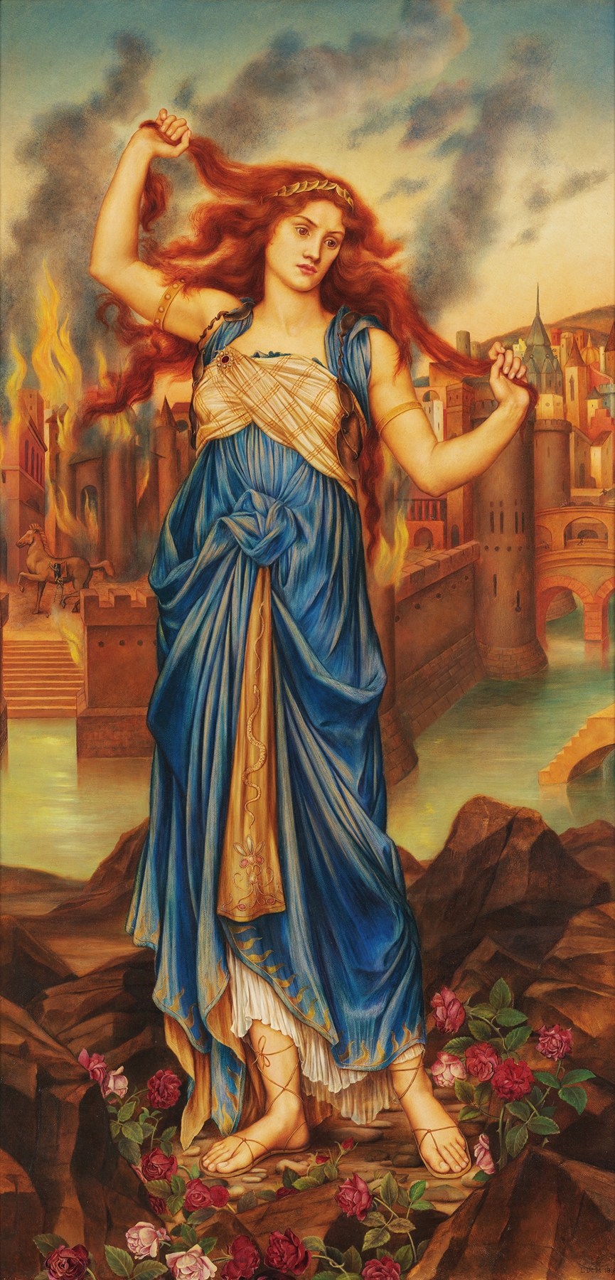 Cassandra by Evelyn De Morgan, 1898 — a woman in anguish against a burning sky, roses at her feet